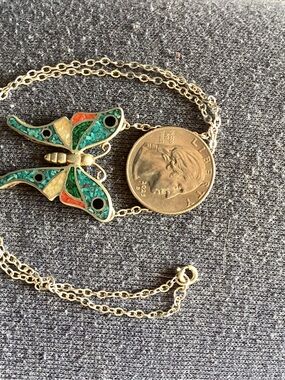 Necklace Butterfly Native American made Sterling Silver multi stone chip inlay